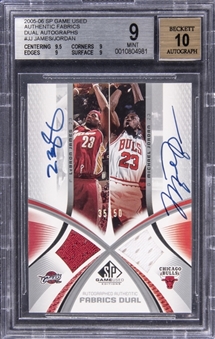 2005-06 Upper Deck SP Game Used "Authentic Fabrics - Dual Autographs" #JJ LeBron James/Michael Jordan Dual Signed Game Used Jersey Card (#35/50) – BGS MINT 9/BGS 10